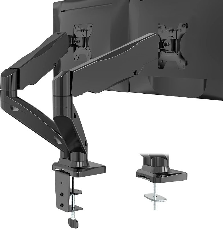 Photo 1 of WALI Dual Monitor Stand Arms Mounts, for 2 Monitors, Fully Adjustable Gas Spring Desk Mount Swivel Mounting Holes Bracket with C Clamp, Grommet Base for Display Up to 32 Inch,19.8lbs. (GSMP002), Black
