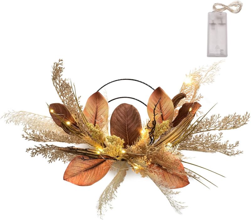 Photo 1 of 24" Fall Wreaths with Led for Front Door Outside Decor Plastic Rattail Grass, Magnolia Leaves, Okra, Lotus Pods, Branch for Home Porch Window Home Ind
