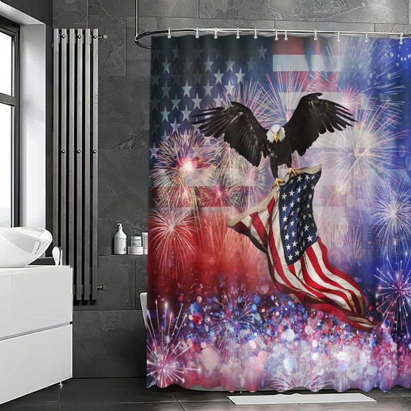 Photo 1 of AIBIIN 72x72 in American Flag Shower Curtain Fourth of July Independence Day Home Bath Decors Flying Bald Eagle Fireworks Bathroom Accessories Durable Waterproof Fabric with 12 Hooks
