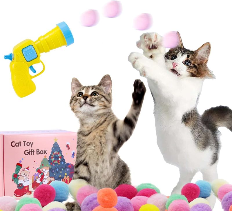 Photo 1 of Amtong Cat Toy Ball Launcher, 80PCS 1.2Inch Colorful Soft Pom Pom Balls and 1 Plush Ball Launcher Gun, Interactive Cat Toy Christmas Cat Toys for Indoor Cats Kitty Kitten Cat Fetch Toy Gun Shooter

