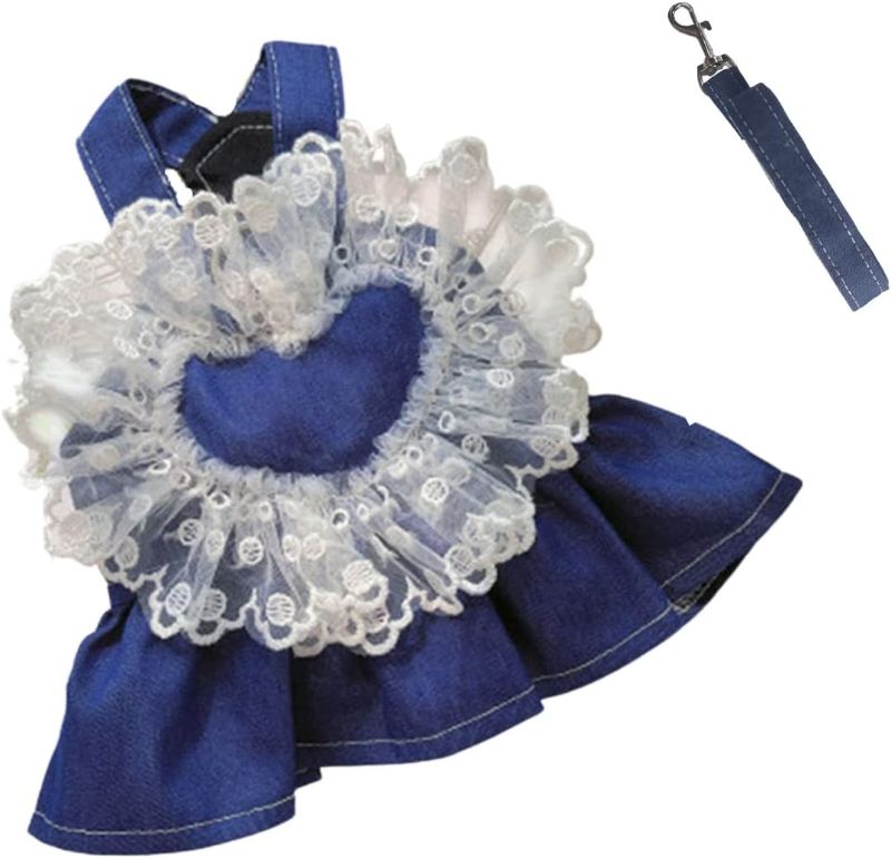 Photo 1 of BECHANMIG Dog Dress Harness with Leash Set, Lace Love Denim Pet Dresses, Puppy Princess Dress, Skirt Outfit for Cats Dogs(Dark Blue)- SIZE S 
