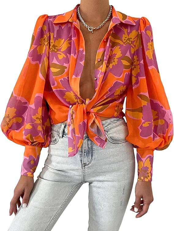 Photo 2 of BTFBM Women Fashion Button Down Shirts Lapel V Neck Printed Casual Long Sleeve Blouse Boho Dressy Summer Fall Tops 2023- SIZE XL 
