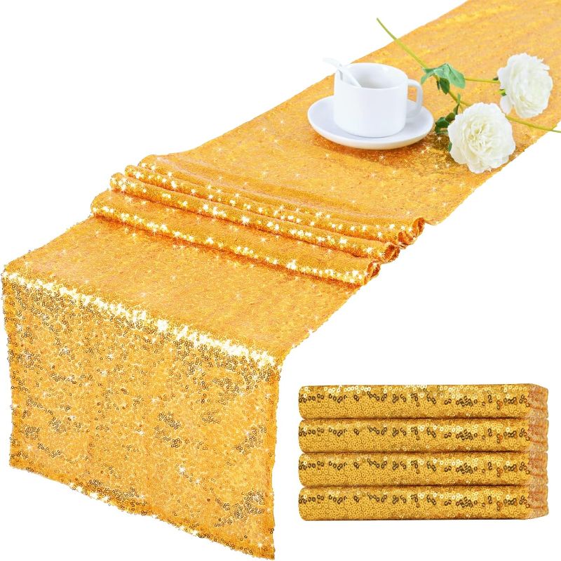 Photo 1 of ACHAVINM Gold Sequin Table Runner, 12"x72" Glitter Bling Table Runners for Birthday, Wedding, Banquet, Holiday Party Decorations, Christmas Gift & Baby Shower (Gold, 4 Pack)
