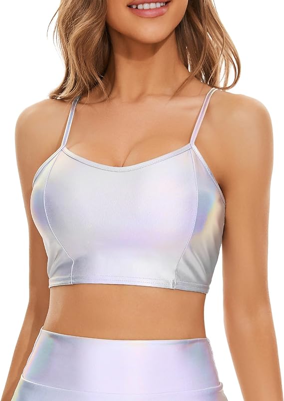 Photo 1 of -- PINK -- Vinaderhom Women's Metallic Crop Top Shiny Rave Bra Tops for Dance Party Festival Costume M 
 