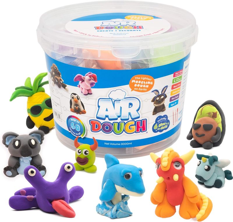 Photo 1 of Air Dough -Bags of Colored, Air Dry, Ultra Light, Non-Toxic Modeling Clay in a Bucket Including Accessories, Tools, Tutorial Videos (Educational, DIY, Kids Gifts, Art Craft Set for Boys & Girls)
