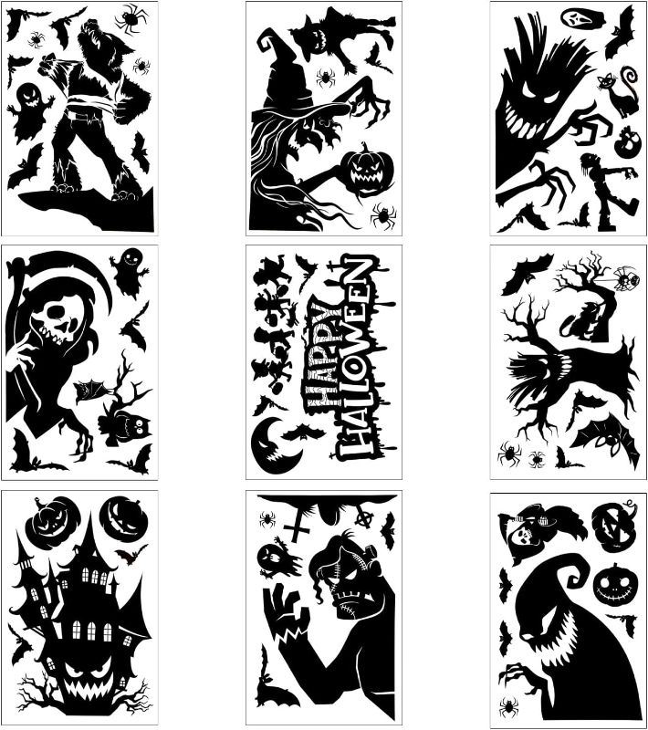 Photo 1 of 9 Sheets Halloween Window Stickers, Giant Halloween Window Clings Scary Halloween Window Decorations Halloween Window Silhouette for Halloween Party Supplies (Black)
