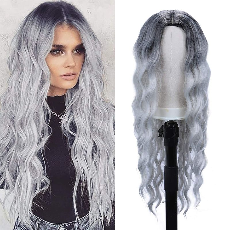 Photo 1 of 30 inch Long Wavy Wigs for Women Middle Part Curly Wave Hair Wig Dark Roots Grey Body Wave Wigs Natural Looking Heat Resistant Synthetic Full Wigs for Daily Party Cosplay Costumes(30",1B/Grey)
