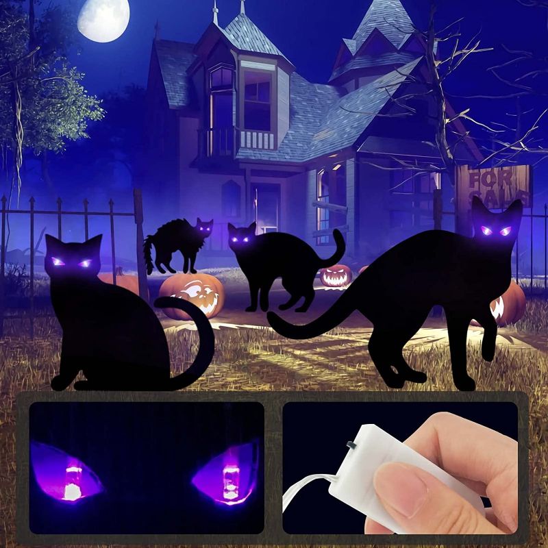 Photo 1 of **BUNDLE OF 3*- Halloween Yard Signs with Lights, 4 PCS Black Cats Outdoor Decorations , Trick or Treat Yard with Stakes, Corrugate Waterproof Halloween Thickened Themed Lawn Decorating for Pathway, Garden, Outside
