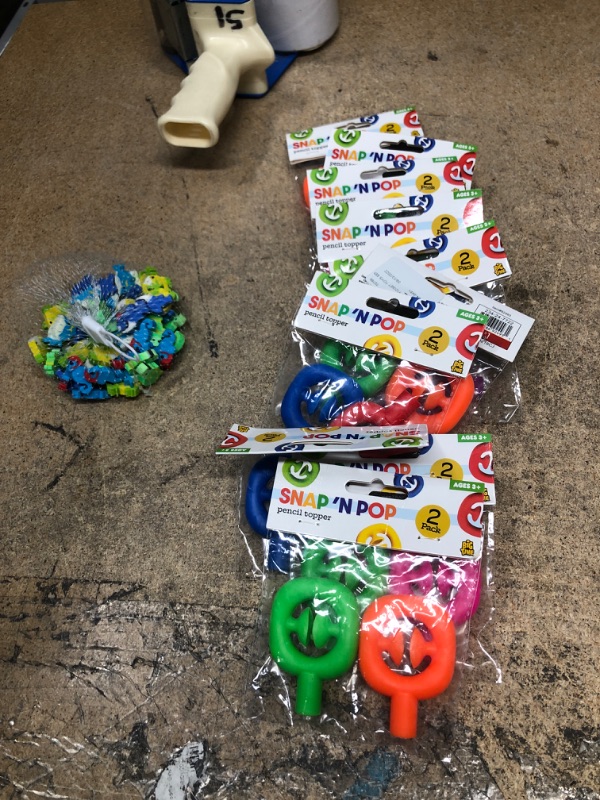 Photo 1 of BUNDLE OF 11 SCHOOL ITEMS---10 SNAP N POP PENCIL TOPPERS, MINI ERASERS