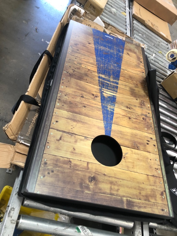 Photo 2 of **DAMAGED UNITS** GoSports 4'x2' Classic Cornhole Set with Rustic Wood Finish | Includes 8 Bags, Carry Case and Rules, Red/Blue