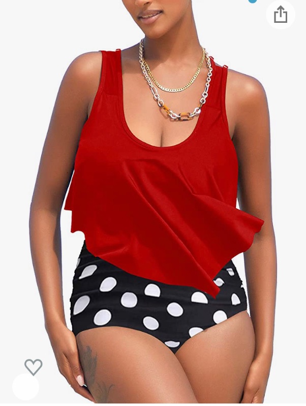 Photo 1 of MarinaPrime Womens Suits Two Pieces Flounce Top High Waist Bottom Tankini Sets Flowy Beach Swimwear red--medium