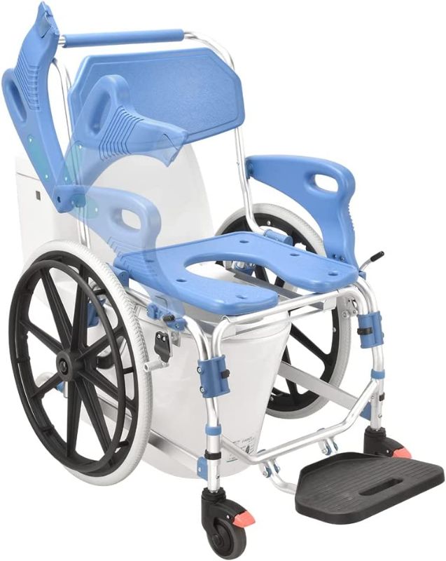 Photo 1 of 4 in 1 Shower Transfer Chair Wheelchair Commode with Drop Arm Large Rear Wheels for The Disabled
