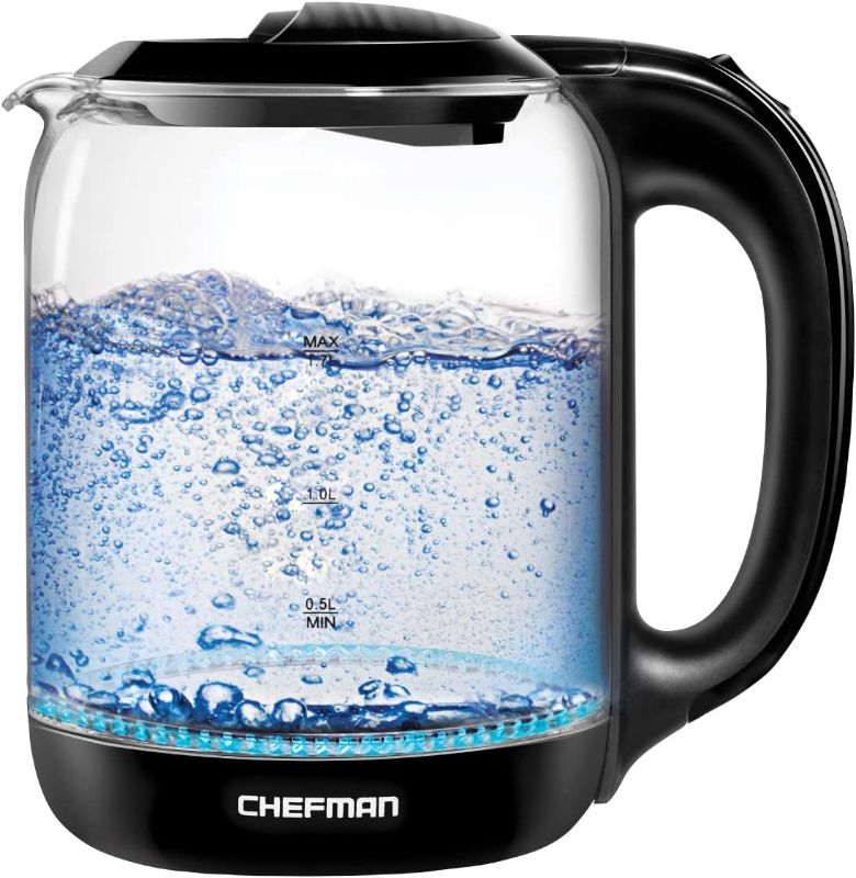 Photo 1 of Chefman 1.7 Liter Electric Glass Tea Kettle, Fast Hot Water Boiler, One Touch Operation, Boils 7 Cups, Swivel Base & Cordless Pouring, Auto Shut-Off
