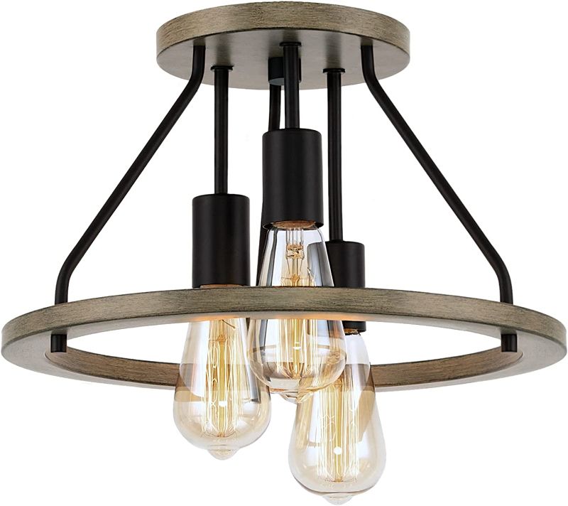 Photo 1 of Kira Home Sullivan 14" 3-Light Rustic Farmhouse Flush Mount Ceiling Light, Metal Shade, Smoked Birch Wood Style + Black Finish
