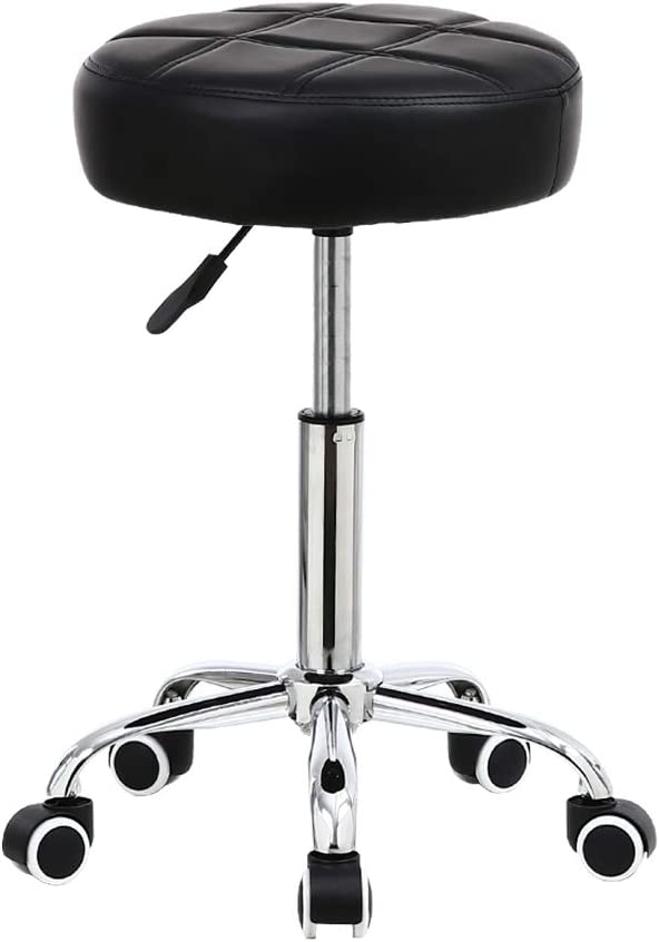 Photo 1 of KKTONER Round Rolling Stool Chair PU Leather Height Adjustable Shop Stool Swivel Drafting Work SPA Salon Stools with Wheels Office Chair (Black)
