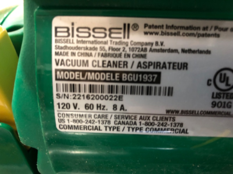 Photo 3 of *NONFUNCTIONAL* BISSELL BigGreen BGU1937T 13.5" Pro Cup Bagless Upright Vacuum with On-board Tools, 44" Height, 13.5" Wide, 13.2" Length, Polypropylene, 2 fl. oz. Capacity, Green