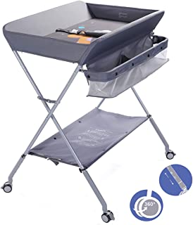 Photo 1 of EGREE Baby Changing Table Portable Folding Diaper Changing Station with Wheels, Adjustable Height Mobile Nursery Organizer with Safety Belt and Large Storage Racks for Newborn Baby and Infant, Gray
