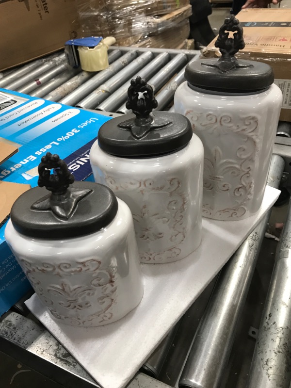 Photo 2 of American Atelier 3-Piece White Fleur De Lis Canister Set