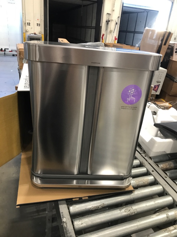 Photo 2 of 58-Liter Nano-Silver Clear Coat Brushed Stainless Steel Dual Compartment Rectangular Recycling Step-On Trash Can