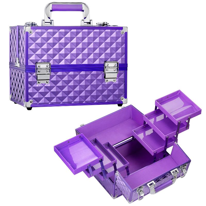 Photo 1 of Frenessa Makeup Organizer Case 12 Inch Large Cosmetic Train Case Portable Travel Makeup Box 6 Trays Makeup Storage Box with Lockable keys for Makeup Artist, Mobile stylist, Makeup Tools Travel Makeup Case Purple
