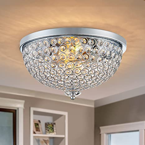 Photo 1 of KARMIQI Crystal Ceiling Light, 13" 2-Light Flush Mount Light Fixture for Living Room, Bowl Shaped Chrome Finish Ceiling Lamp for Dining Room, Bedroom Kitchen Island Hallway Entryway
