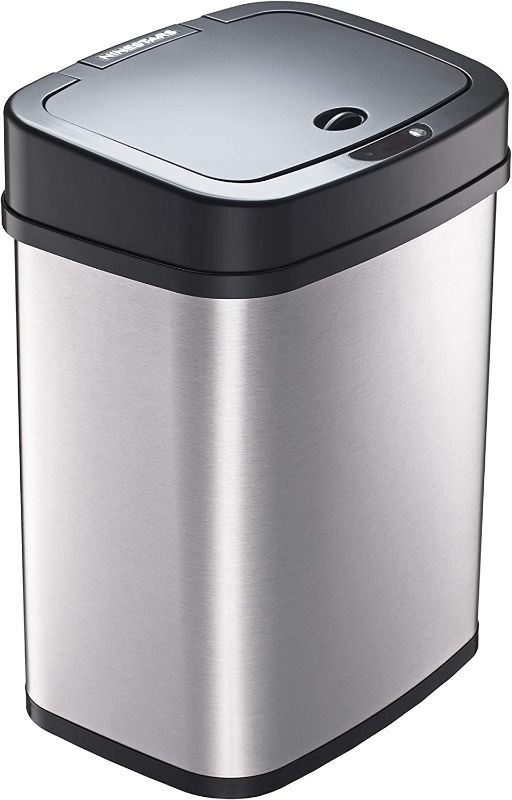 Photo 1 of Ninestars DZT-12-5 Bedroom or Bathroom Automatic Touchless Infrared Motion Sensor Trash Can, 3 Gal 12L, Stainless Steel Base (Rectangular, Black Lid)
