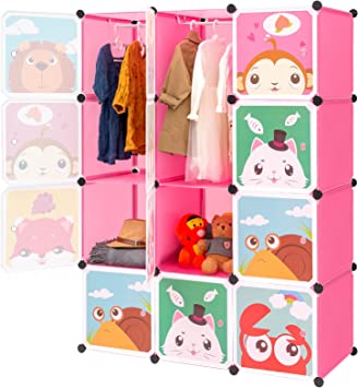 Photo 1 of BRIAN & DANY Baby Closet Organizer, Kid Clothes Storage with Cartoon Pattern, Portable Child Wardrobe Deeper Cube for Larger Capacity, 12 Cube, Pink
