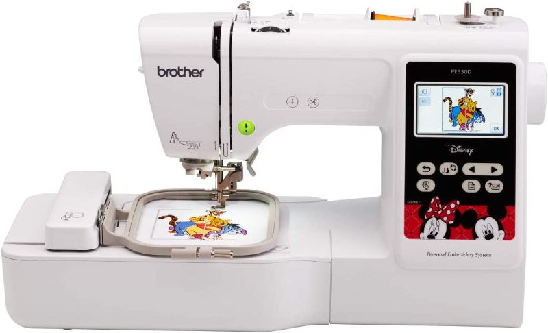 Photo 1 of *STUCK IN ANOTHER LANGUAGE* Brother PE550D Embroidery Machine, 125 Built-in Designs Including 45 Disney Designs, 4" x 4" Hoop Area, Large 3.2" LCD Touchscreen, USB Port, 9 Font Styles
