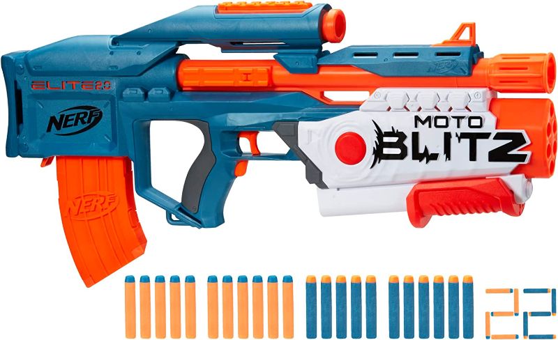 Photo 1 of **MISING DARTS** NERF Elite 2.0 Motoblitz Blaster with Scope, Motorized 10-Dart Blasting, Airblitz 6 Darts, 22 Darts, Outdoor Toys for 8 Year Old Boys & Girls
