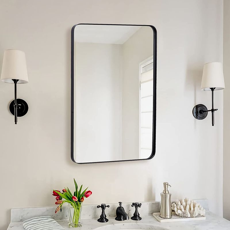 Photo 1 of ANDY STAR Wall Mirror for Bathroom, Mirror for Wall with Black Metal Frame 22" X 30", Decorative Wall Mirrors for Living Room,Bedroom, Glass Panel Rounded Corner Hangs Horizontal Or Vertical
