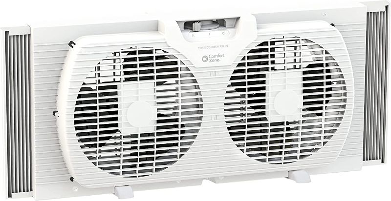 Photo 1 of (DOES NOT FULLY FUNCTION)Comfort Zone CZ319WT 9" Twin Window Fan with Reversible Airflow Control, Auto-Locking Expanders and 2-Speed Fan Switch, White
**ONLY ONE FAN TURNS ON OTHER DOES NOT**