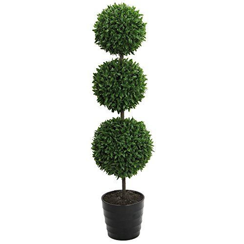 Photo 1 of Admired by Nature 23" Tall Artificial Tabletop English Boxwood Triple Ball Shaped Topiary Plant in Plastic Pot, Green
