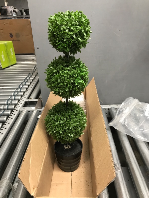 Photo 2 of Admired by Nature 23" Tall Artificial Tabletop English Boxwood Triple Ball Shaped Topiary Plant in Plastic Pot, Green
