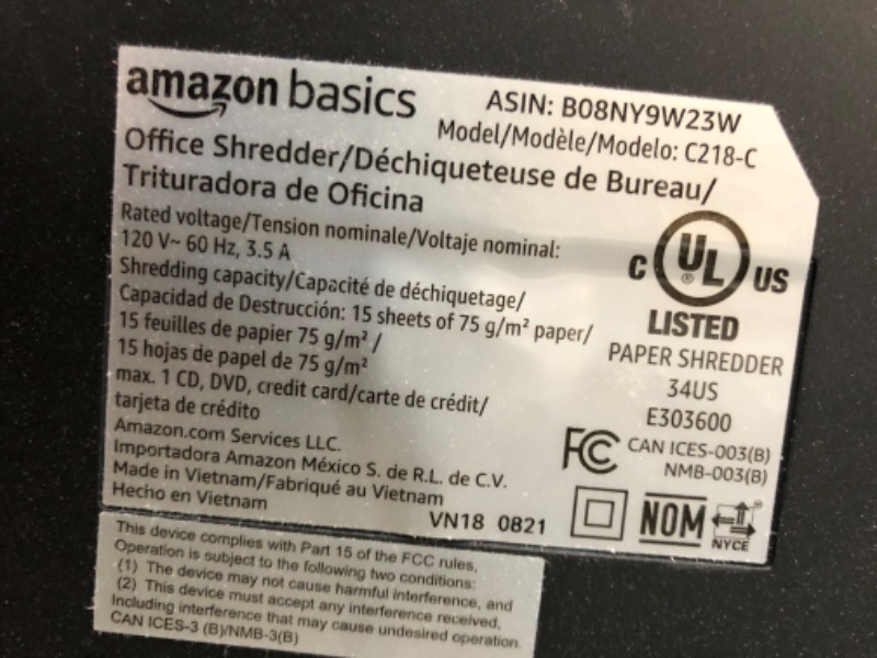 Photo 6 of (DAMAGED, DOES NOT FUNCTION)Amazon Basics 15-Sheet Cross Cut Paper Shredder and Credit Card CD Shredder with 6 Gallon Bin
**SIDE BROKEN,DOES NOT TURN ON**
