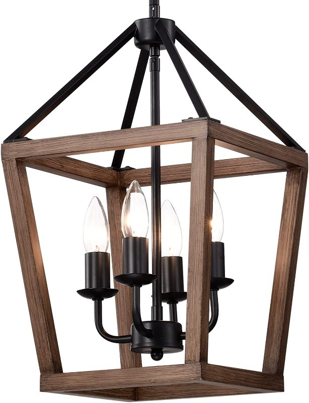 Photo 1 of 4 Lights Farmhouse Chandelier,Classical Antique Chandelier Imitation Oak Lantern Pendant Light in Kitchen,Dining Room, Height Adjustable Chandelier
