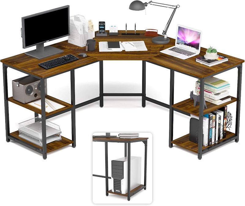 Photo 1 of Elephance Large L-Shaped Computer Desk with Shelves, Corner Desk, Home Office Writing Workstation, Gaming Desk PC Latop Table with Storage