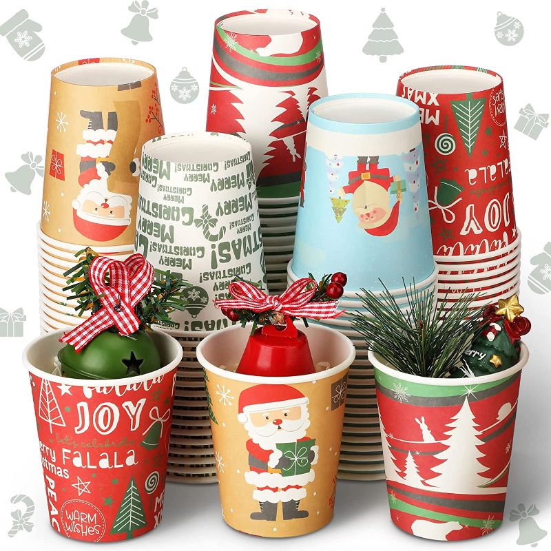 Photo 1 of 100 Pcs 9 oz Christmas Disposable Cups Christmas Paper Cups Hot Chocolate Cocoa Cup Christmas Party Supplies Tea Cups Coffee Cups Disposable Cups for Party Holidays Hot Cold Drinks
