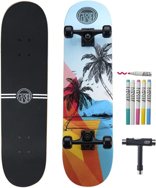 Photo 1 of Fastep 31 inch Complete Skateboard for Kids, Teens, Adults Beginners | with Extra 1 pcs Skate Tool and 5 pcs Colour Pens | Available to Custom Your Skate Board
