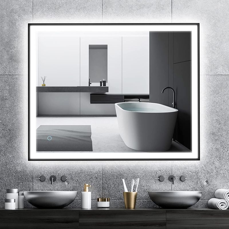 Photo 1 of Bathroom Mirror with Lights-24x30 WaterSong Black Framed LED Mirror for Wall, Anti-Fog Dimmable Vanity Makeup Mirror with Memory Settings, Rectangular, 6400K CRI90+, Touch for Switch Brightness Colors
