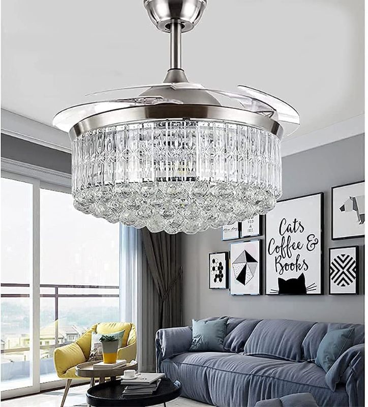 Photo 1 of 42" Crystal Ceiling Fan with Retractable Blades Modern Indoor Chandelier Ceiling Fans with Lights Invisible LED Fandelier Ceiling Fan with Remote 3 Color Temperature Light Fixture Brushed Nickel
