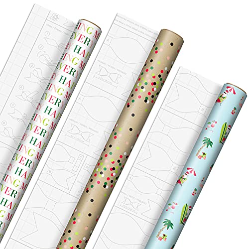 Photo 1 of Hallmark Beach Christmas Wrapping Paper with Cutlines and Optional DIY Bow Templates on Reverse (3 Rolls: 120 Sq. Ft. Ttl) Tropical Santa Claus, Pink
