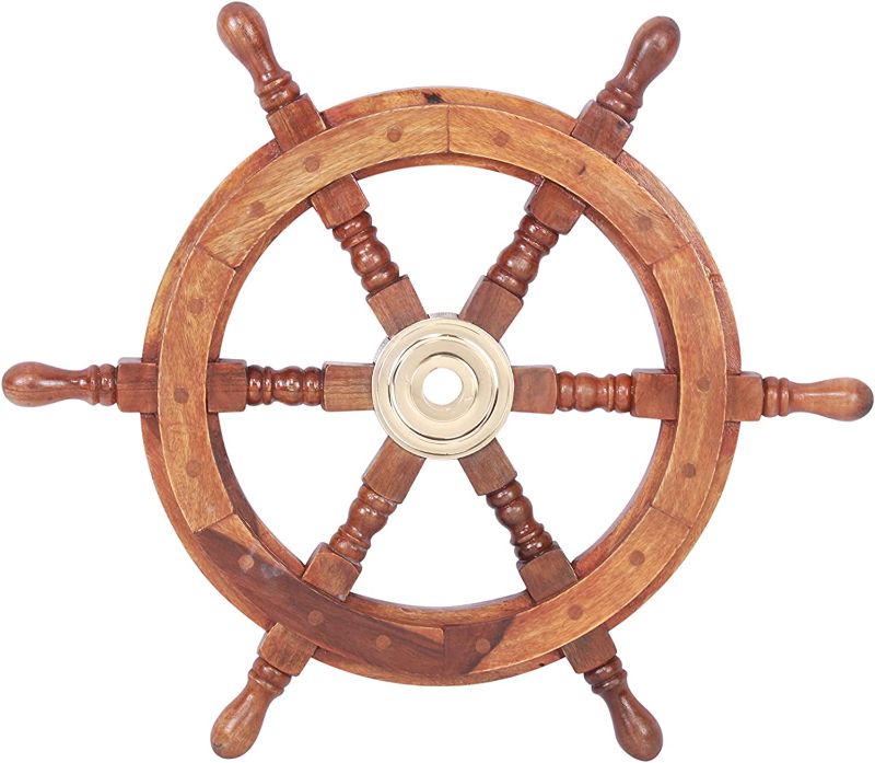 Photo 1 of 18" Teak Wood Ship Wheel with Brass Inset and Six Spokes, Brown and Gold