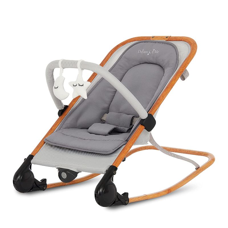 Photo 1 of  2-in-1 Rocker and Stationary Seat | Compact Portable Infant Rocker with Removable Toys Bar & Hanging Toys in Grey
