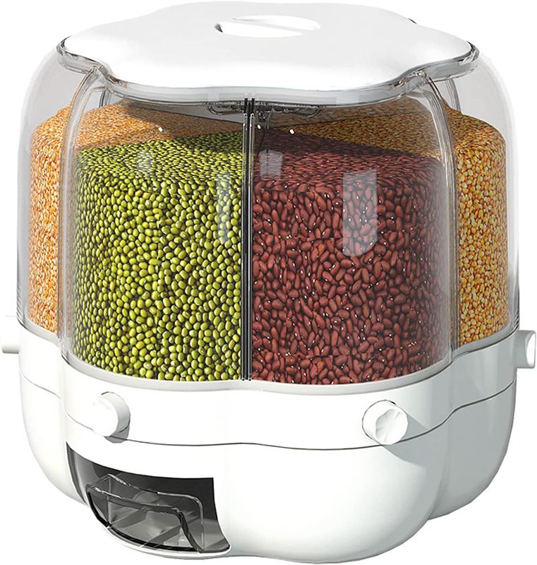 Photo 1 of AHOUGER Cereal Rice Container Storage, Upgrade 6 Compartment 360° Rotating Grain Storage Food Dispenser with Lid Moisture Resistant Household, Kitchen Storage Container for All Beans, Barley, Millet ***MISSING DUMP TRAY***
