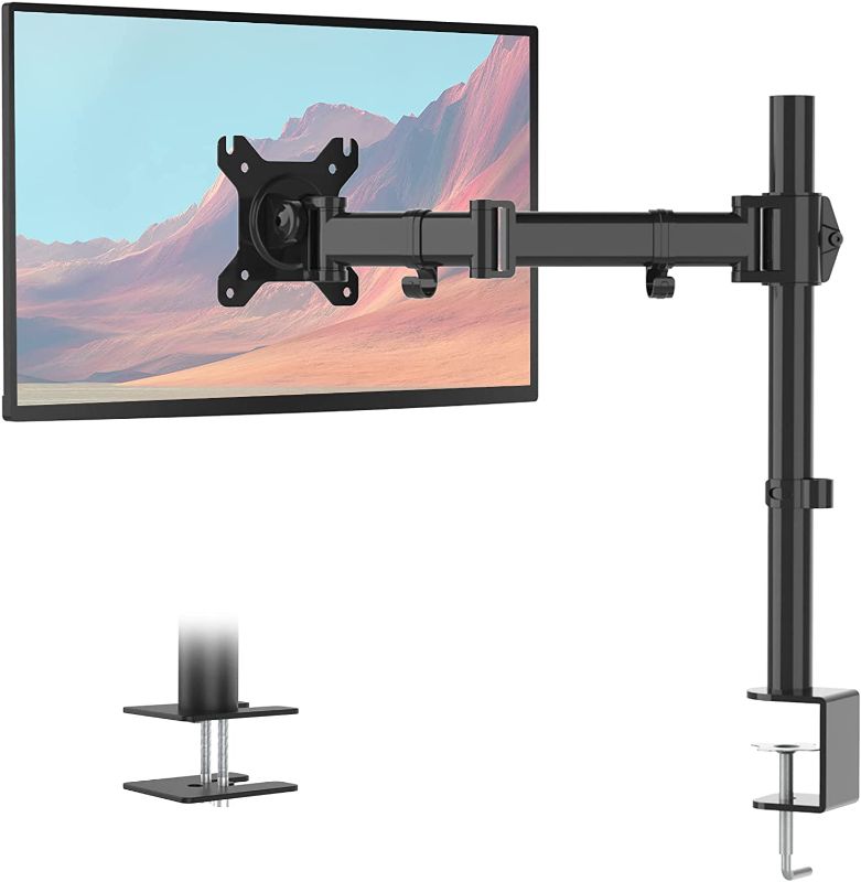 Photo 1 of JOY worker Single Monitor Desk Mount, Full Adjustable Single Monitor Arm, VESA Monitor Mount with Clamp and Grommet Base, Tilt, Swivel, Rotation for 13 to 32 Inch Computer Monitor Up to 17.6lbs, Black
