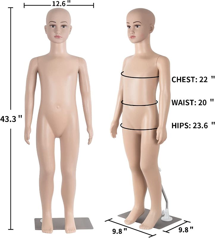 Photo 1 of 43.3" Height Child Mannequin Full Body Realistic Adjustable Detachable Manikin Display Head Turns Dress Form W/Metal Base
