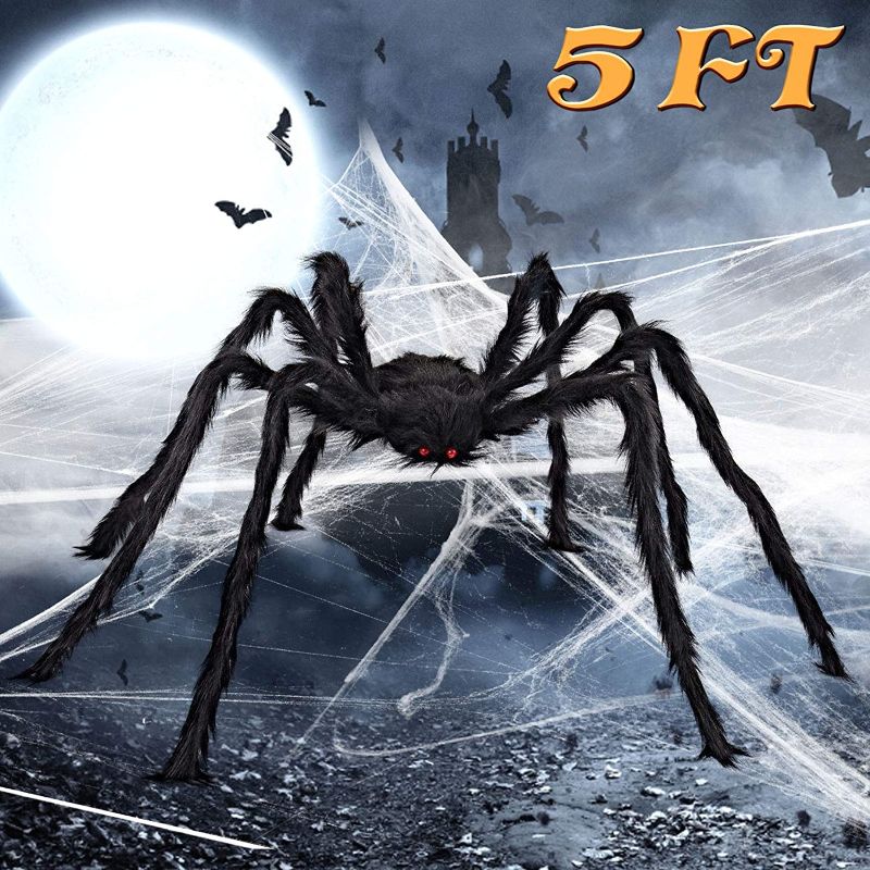 Photo 1 of ALLADINBOX Halloween Hairy Scary Virtual Realistic Posable Spider Black - Indoor Outdoor Yard Furry Giant Haunted House Party Decor Supplies, 5FT
