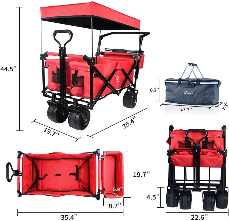 Photo 1 of Collapsible Wagon Heavy Duty Folding Wagon Cart with Removable Canopy, 4" Wide Large All Terrain Wheels, Brake, Adjustable Handles,Cooler Bag Utility Carts for Outdoor Garden Wagons Carts Beach Cart
