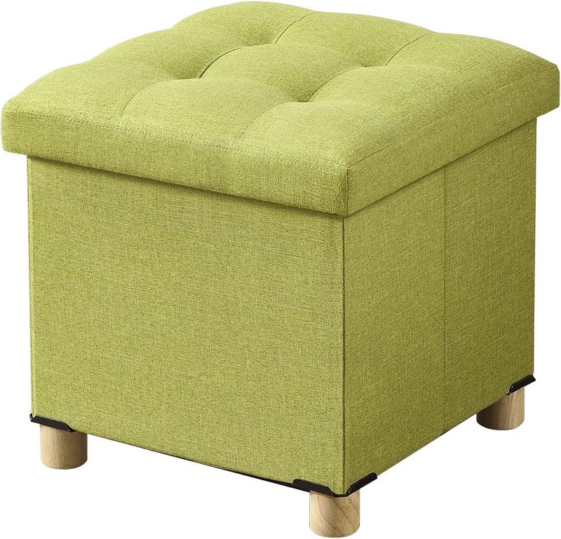 Photo 1 of  Foldable Storage Ottoman Footrest and Seat Cube with Wooden Feet and Lid, Fruit Green 15” x15” x14.7”
