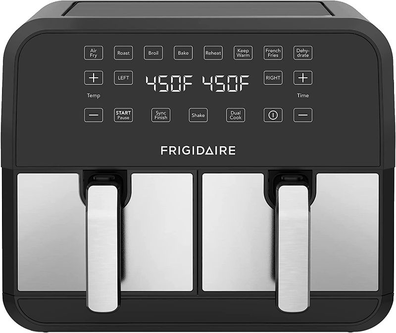 Photo 1 of (Major Damage - Parts Only) FRIGIDAIRE 8 QT DUAL zone 2-drawer Digital Air Fryer, Black/Stainless
